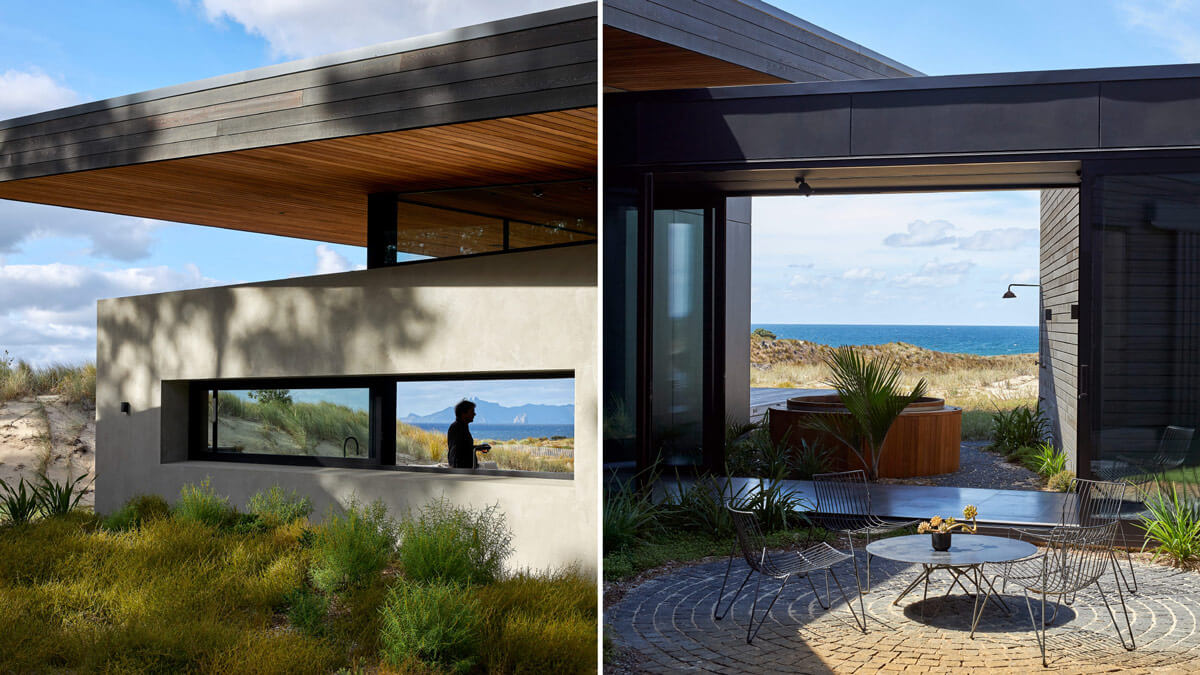 Extérieur de la maison côtière Sandiland : espace de vie extérieur avec vue sur la mer