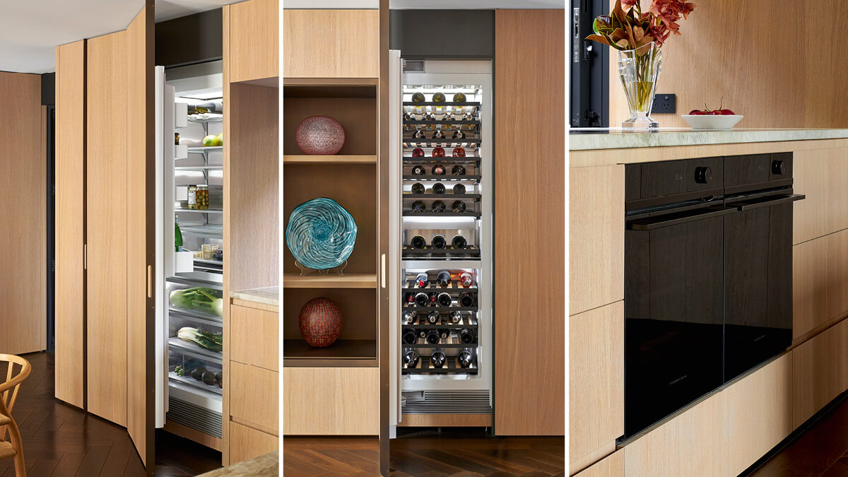 Trois images d’un réfrigérateur encastré, d’une cave à vin et d’un four noir.