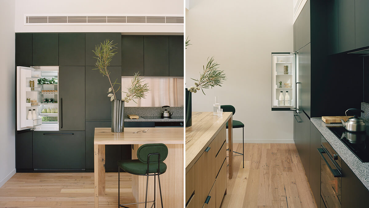 Kitchen view showing the Integrated French Door fridge blend seamlessly with the cabinets