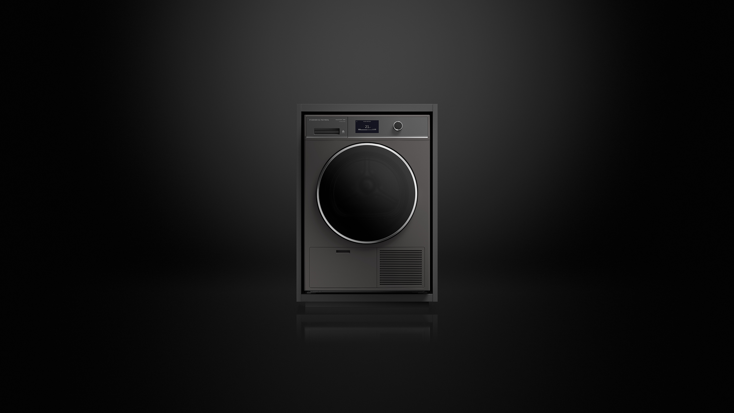 Dark laundry appliances integrated into a warm timber cabinetry setting