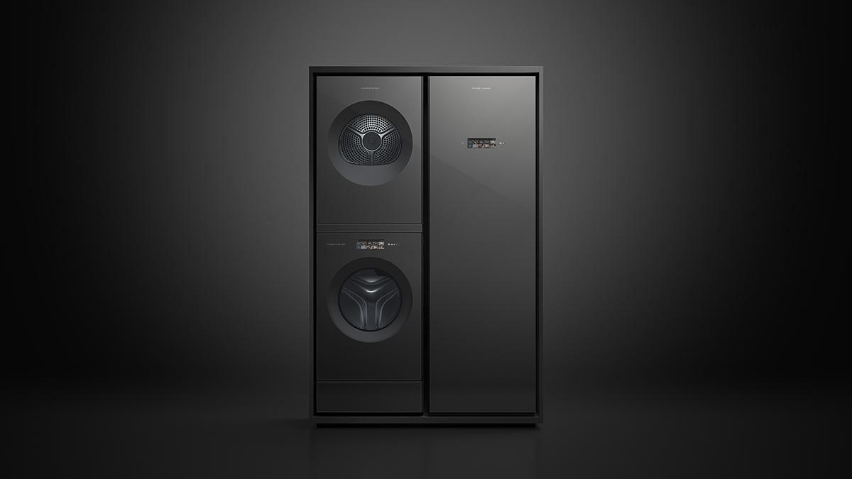 Fisher and Paykel Fabric Care Solutions appliances on a studio black background