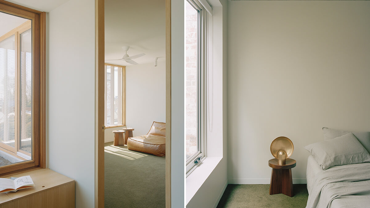 interior view of the apartment living space and bedroom