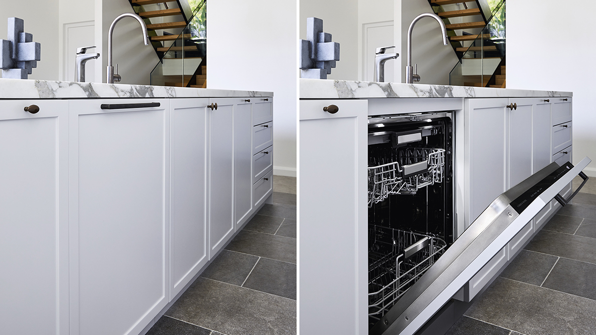 close up shot of a drop door dishwasher