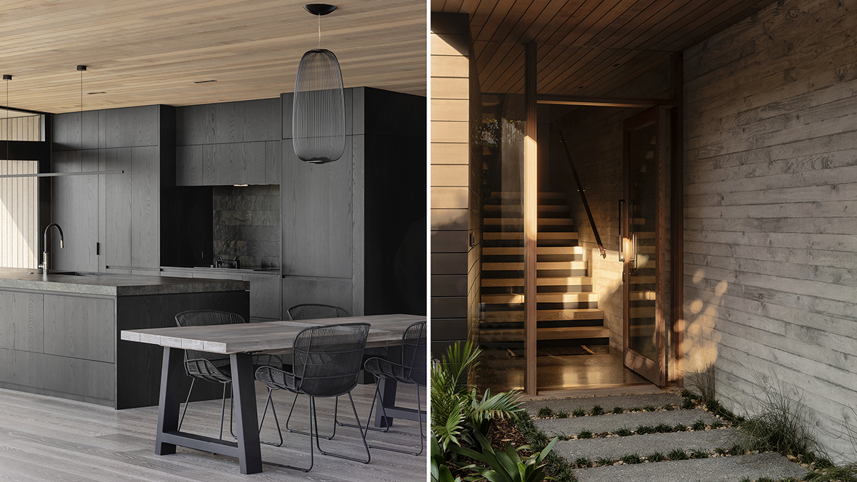 View of the kitchen showcasing built-in kitchen appliances with and a view of an entry way with a staircase.