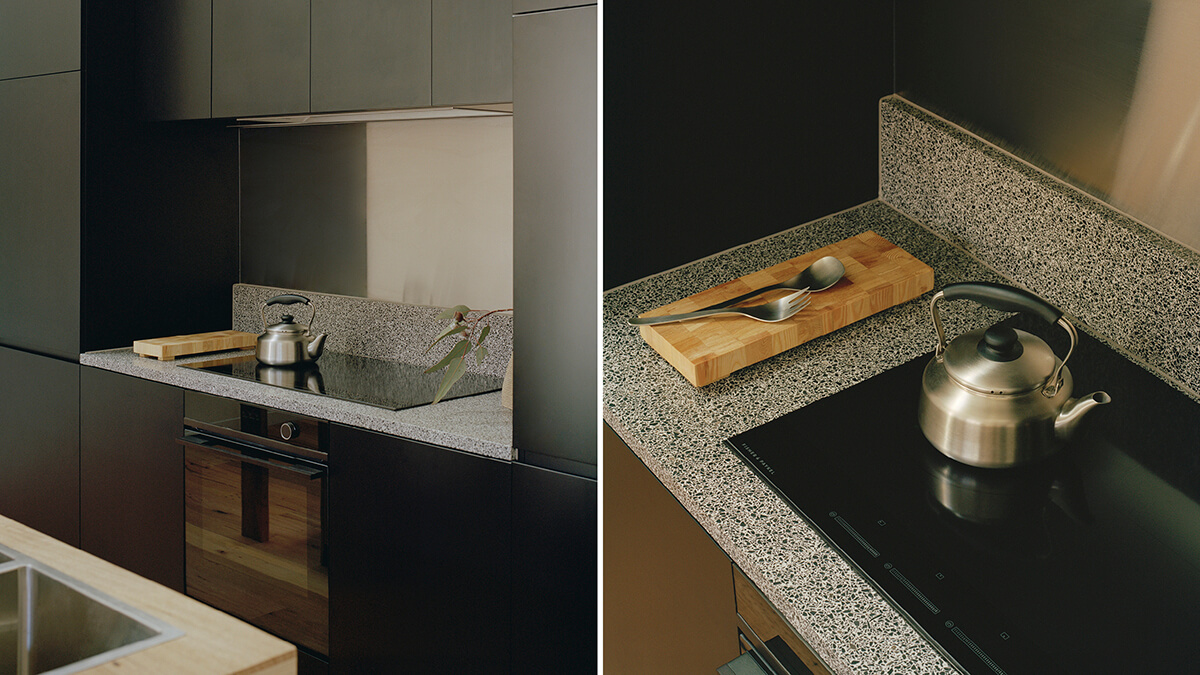 View of kitchen showing the Minimal Oven and top view of the Minimal Induction Hob