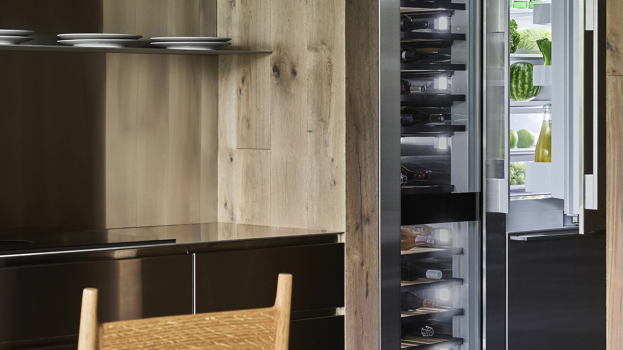 Fisher and Paykel Integrated Stainless Steel Column Refrigerator and Wine Cabinet