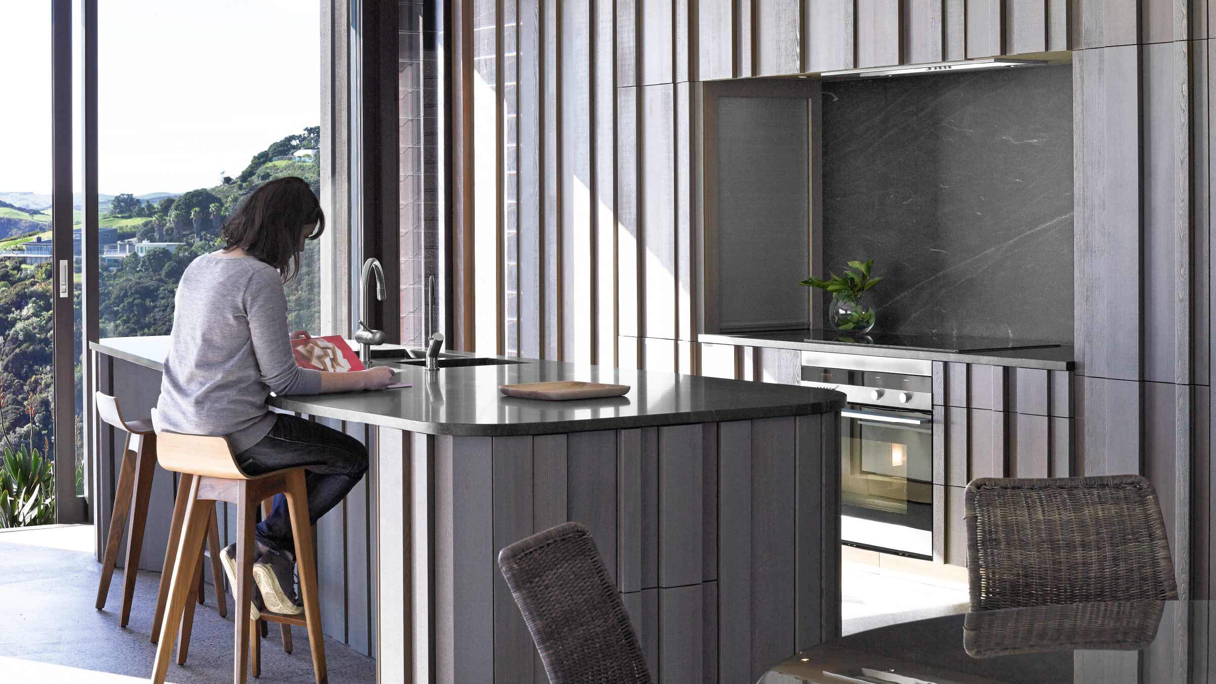 Detailed Shot of Stainless Steel DishDrawers Seamlessly Fitting into Cedar Clad Cabinetry