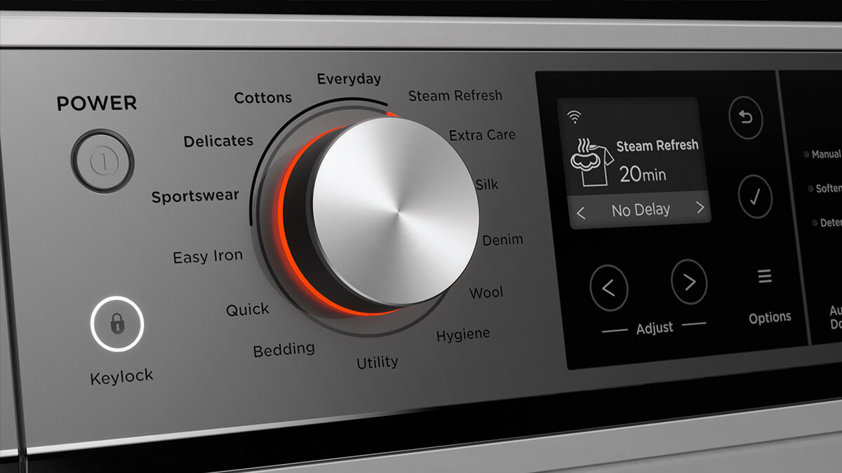 Close up shot of Steam Care Front Loader panel showing wash cycle options