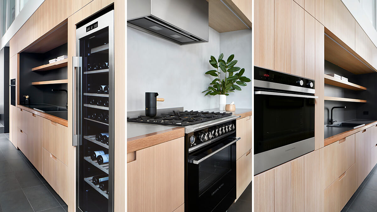 Two portrait images of the Herne Bay Town House Kitchen from the different sides of the Island block.