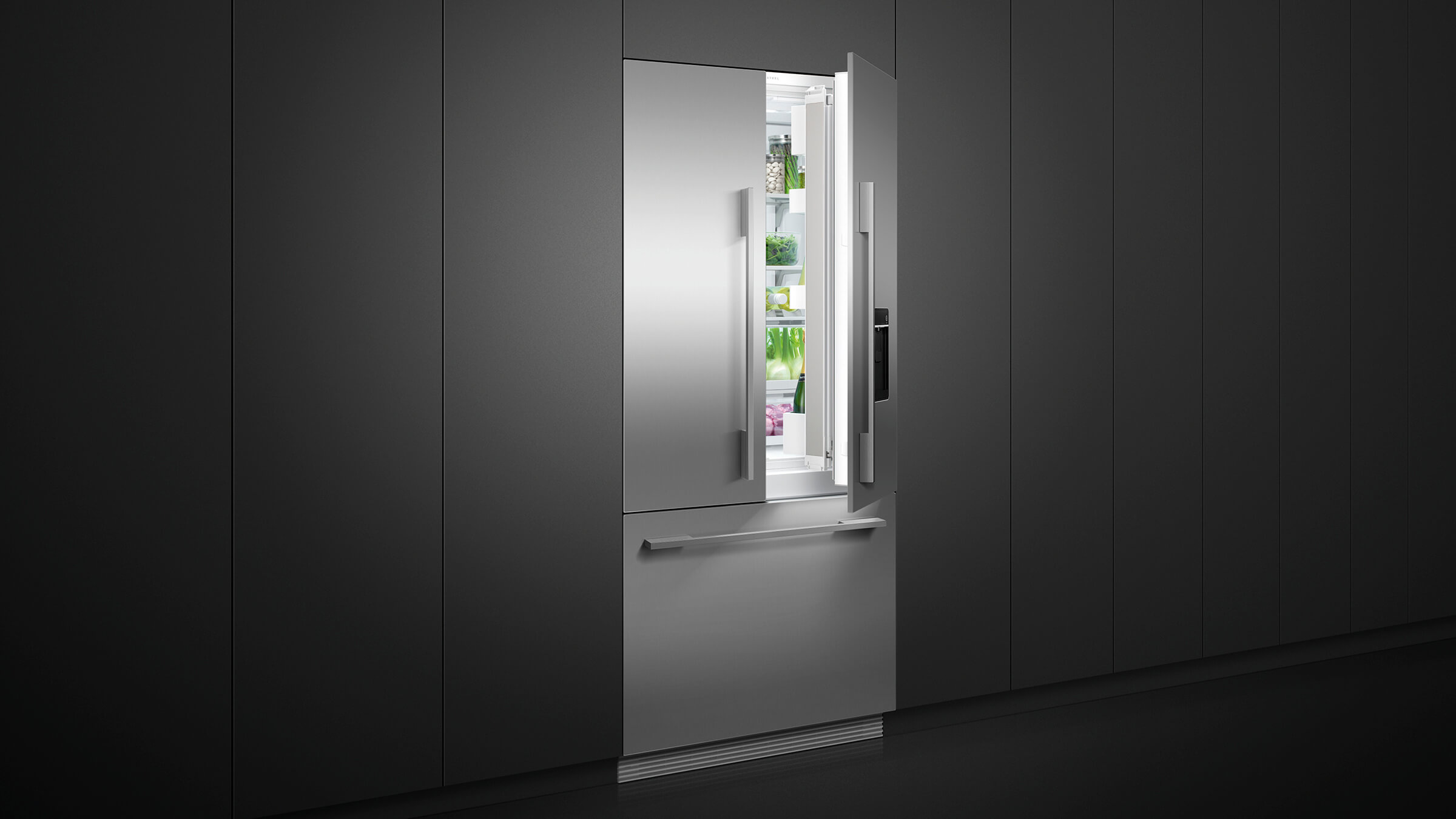 Built-in French Door refrigerator with a finished stainless steel exterior aligned with kitchen joinery