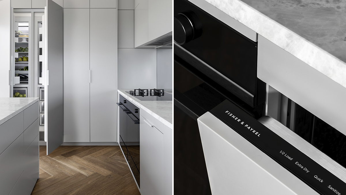 close up interior of the kitchen featuring Fisher & Paykel appliances.