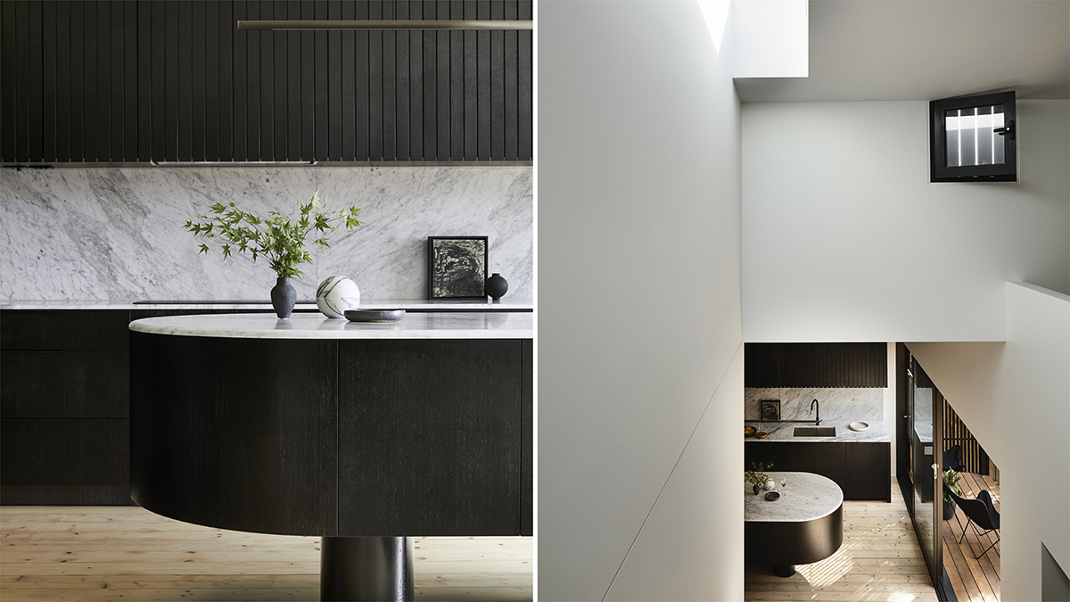 Kitchen island juxtaposed with a view from the second storey looking down into the kitchen.