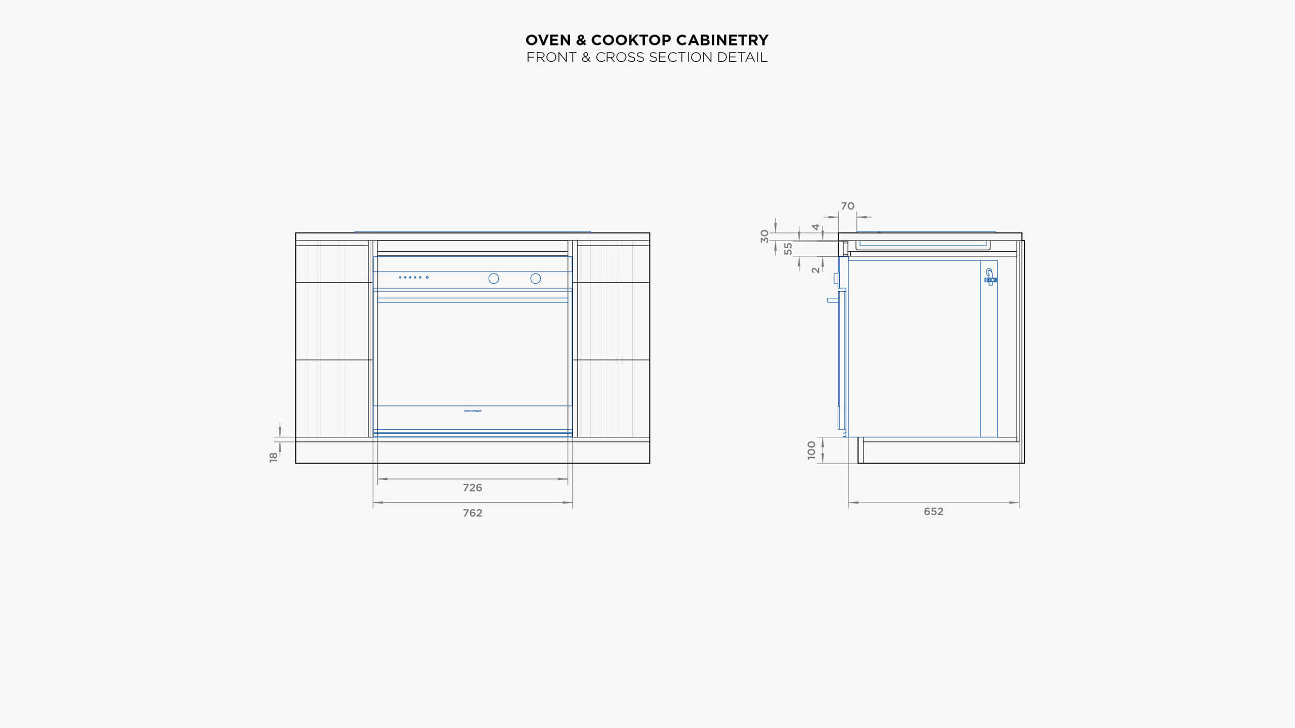 oven and cooktop cabinetry front and cross section detail