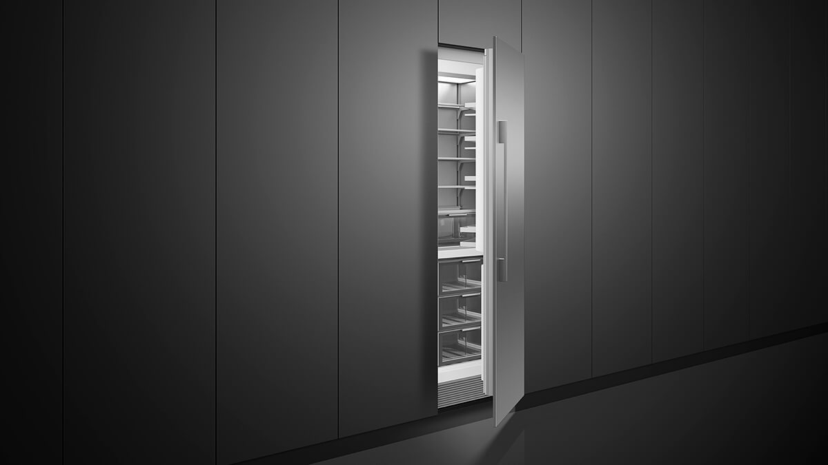 Vertical refrigerator and freezer columns in a modern kitchen setting