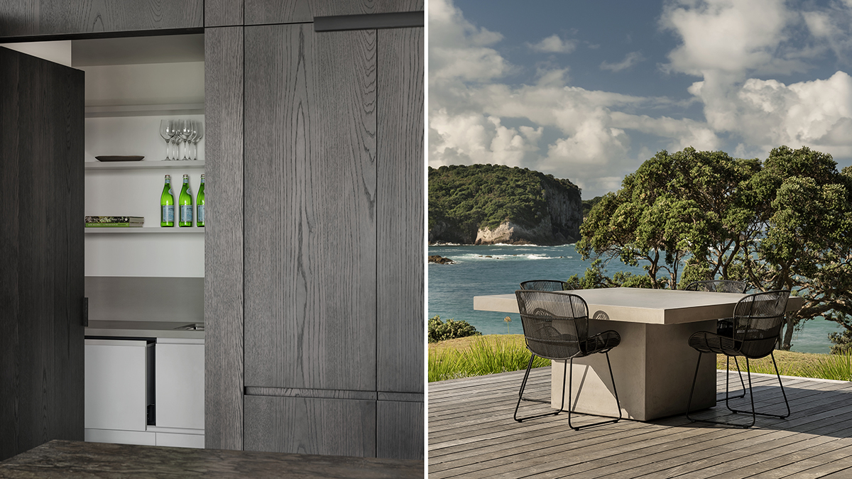 Opened pantry cabinetry and a view of the outdoor tables overlooking the beach.