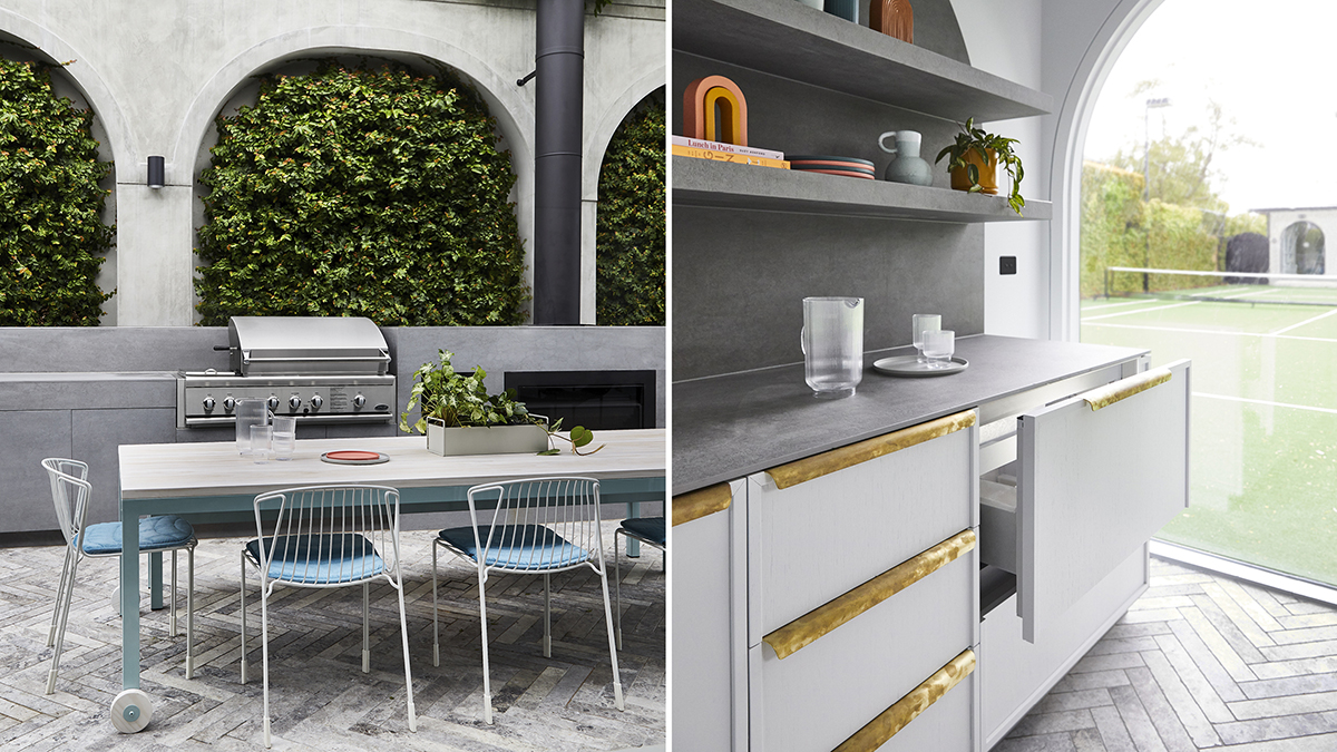 Outdoor table in front of a barbecue grill. A view from the kitchen showing an integrated DishDrawer™ dishwasher ajar.