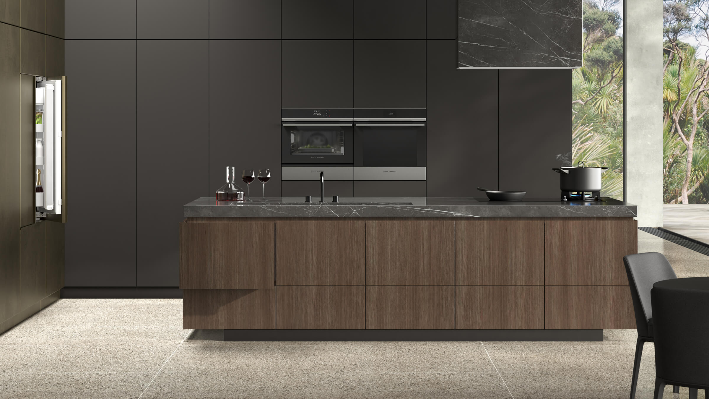 contemporary dark material kitchen render.