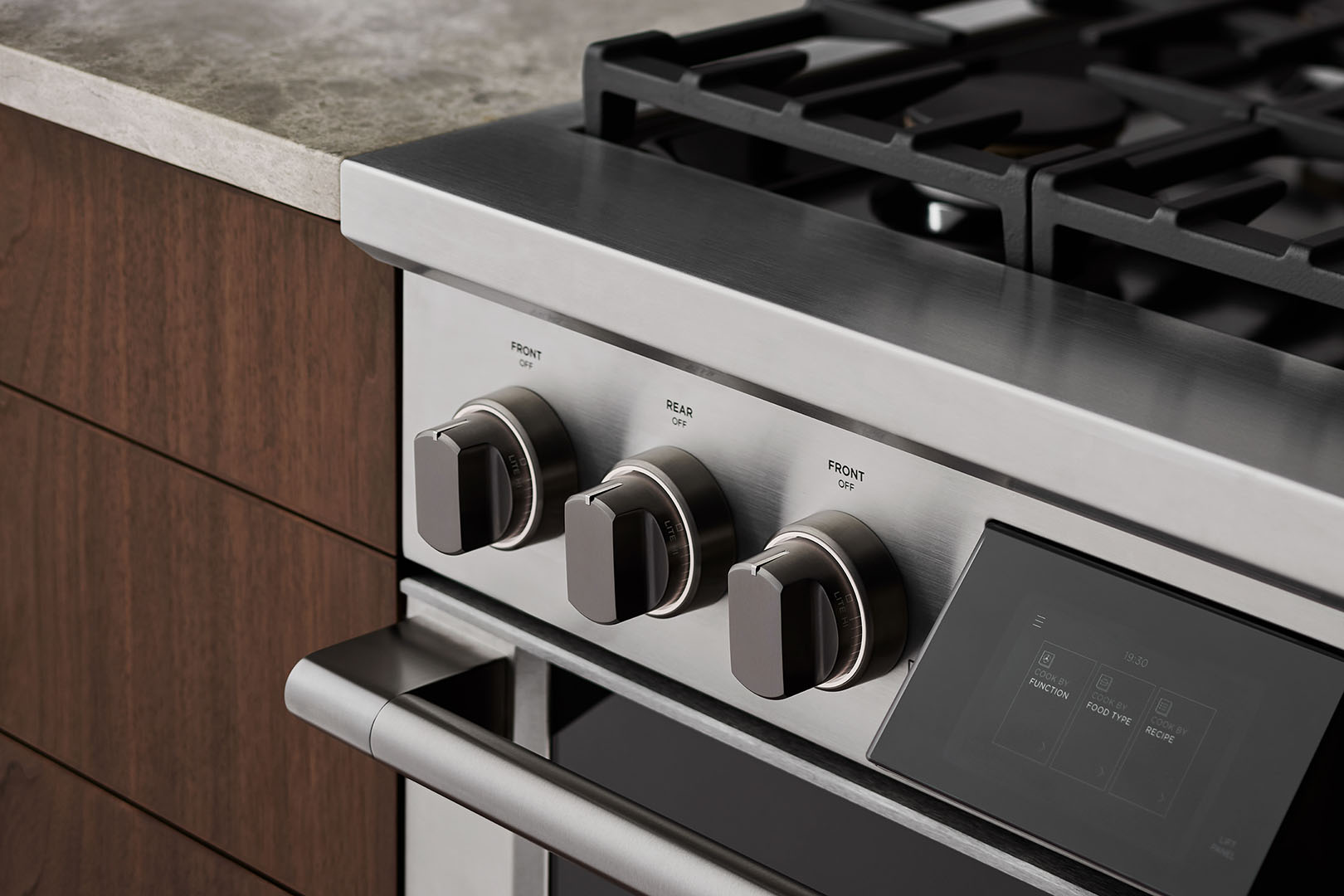 Close up of the high-grade stainless-steel oven and cooktop