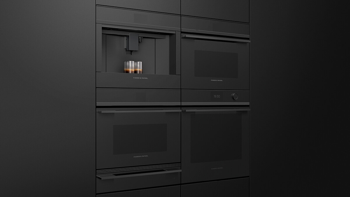 Suite of Fisher & Paykel Minimal style black oven and companion products placed in a grid format.