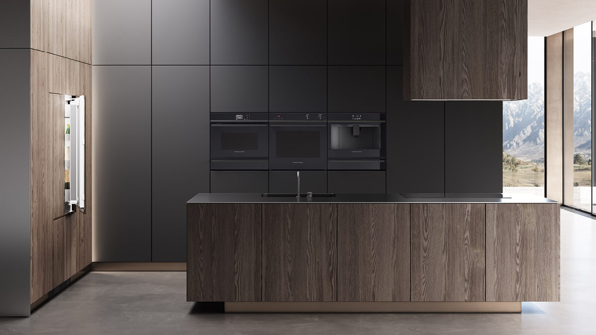 Dark Kitchen Render with a Suite of Fisher & Paykel Appliances.