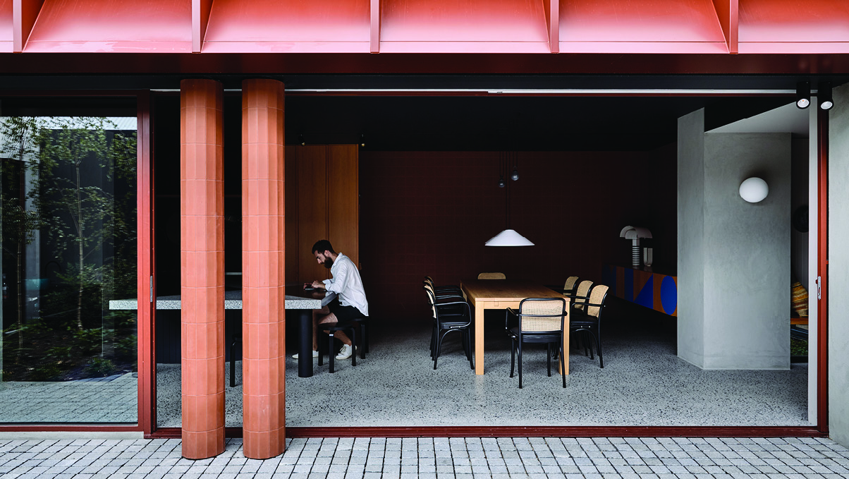 Image from the Oak Houses' courtyard looking into the Kitchen dining area.