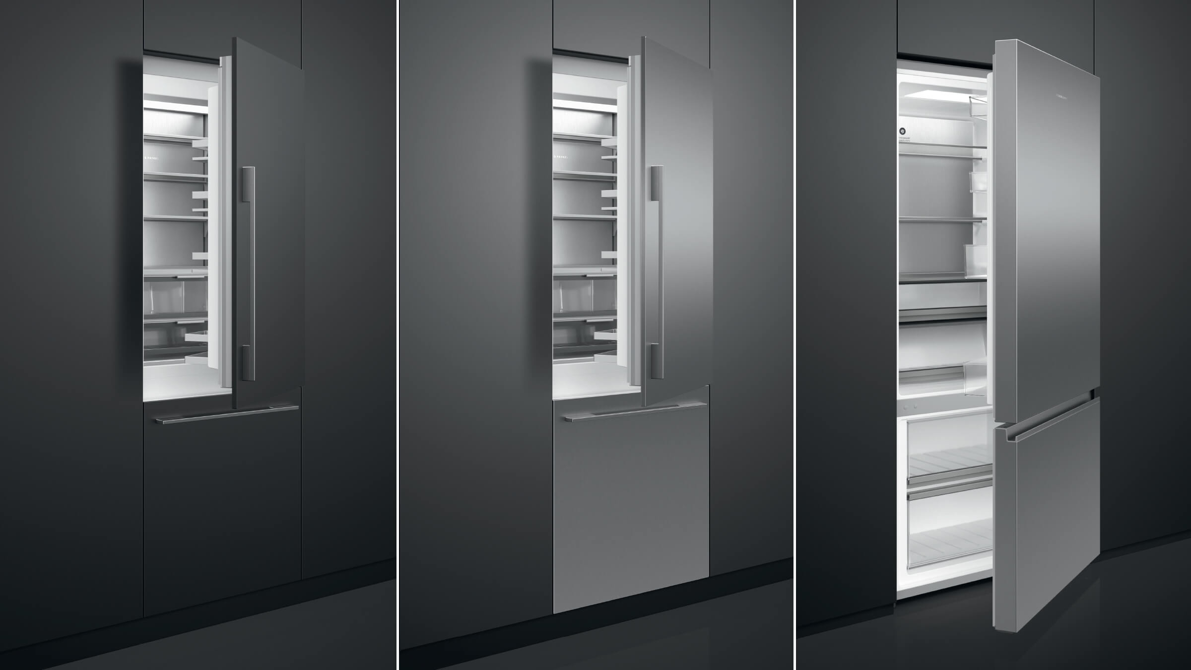 Comparison showing bottom freezer refrigeration in integrated, built-in, and freestanding expressions