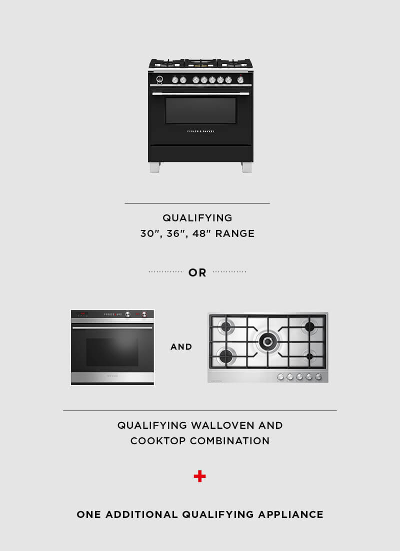 $600 Cash Back + 5 Year Warranty diagram showing product combination of a Range or Oven and Cooktop.