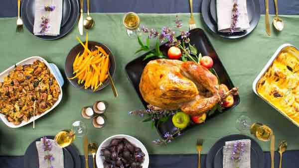 Dry Brined Turkey & Kale Date and Pecan Stuffing on Table