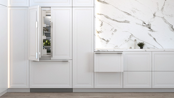 An Integrated French Door Refrigerator and DishDrawer™ Dishwasher in a White Panelled Kitchen.