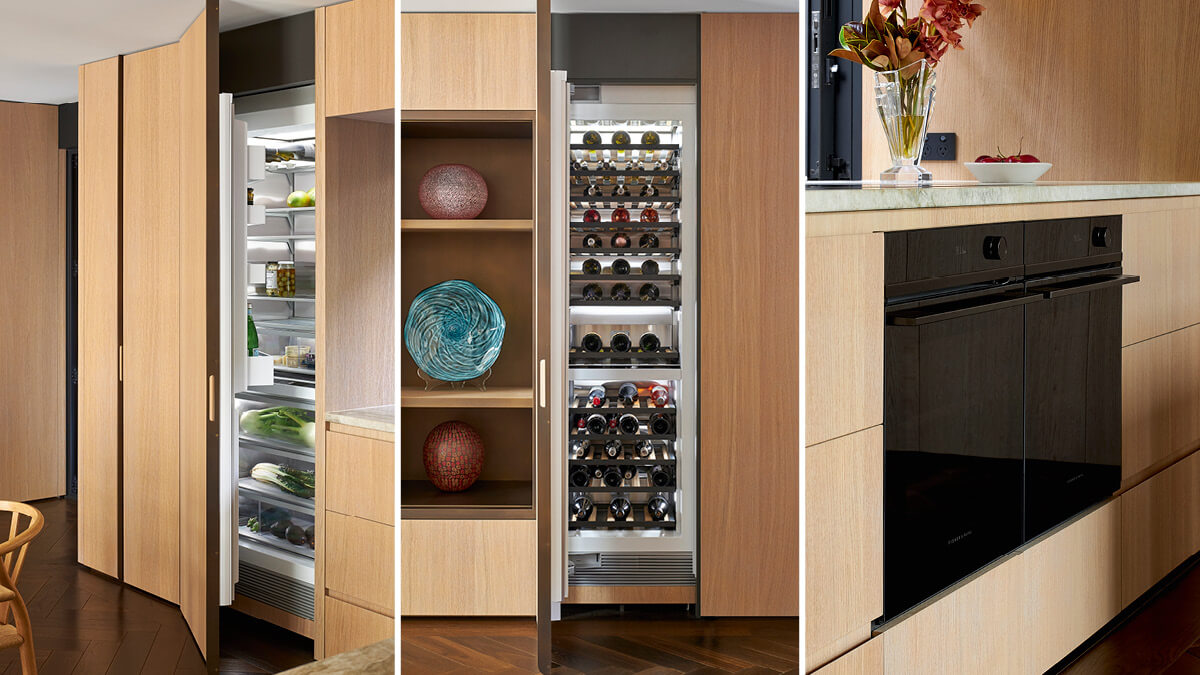 Three portrait images of an integrated refrigerator, wine cabinet and a black oven.