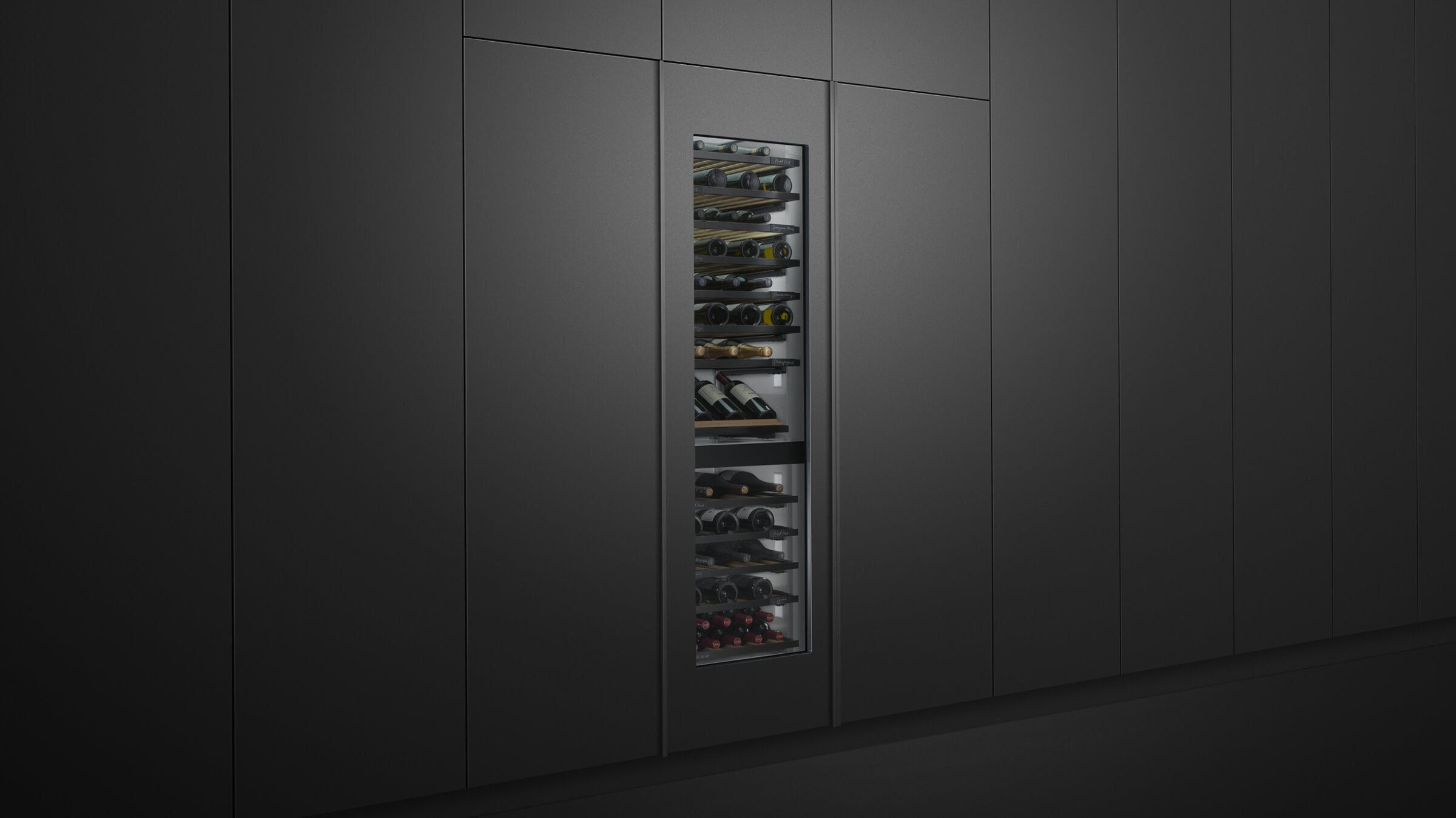 Wine column integrated into black cabinetry