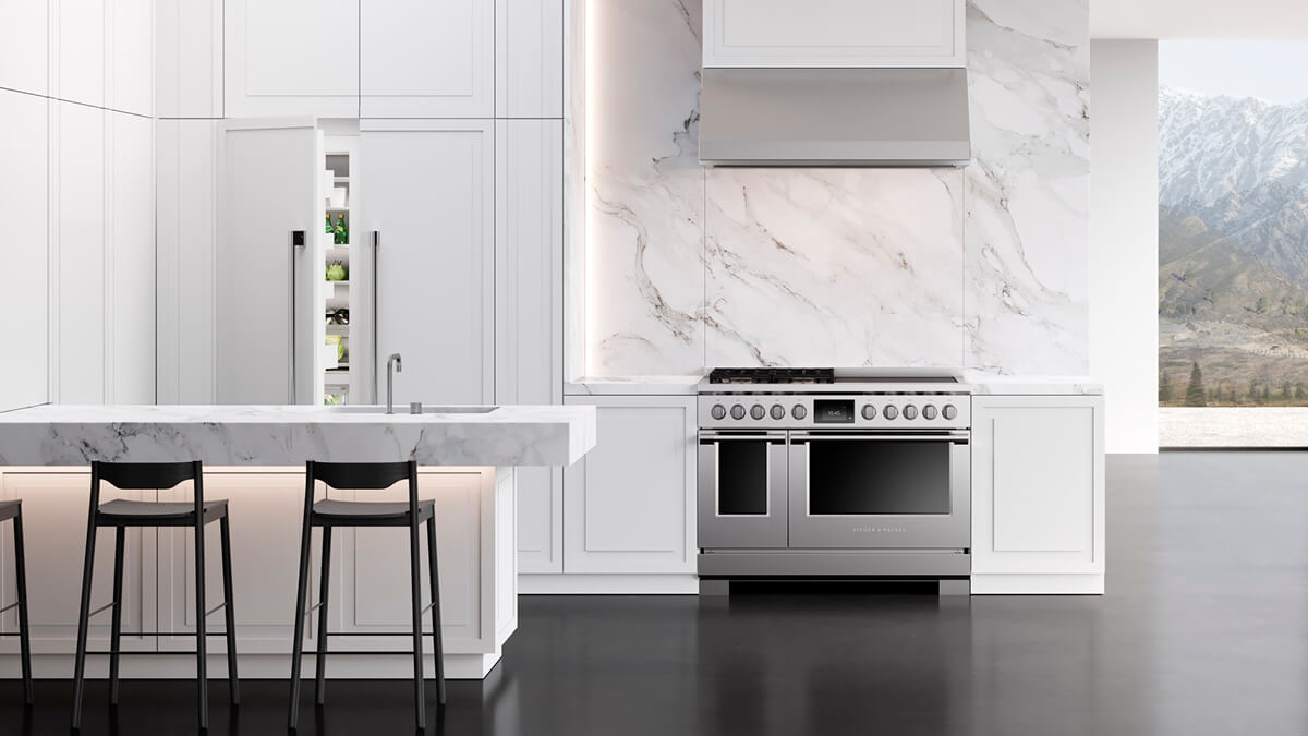White Kitchen with integrated column refrigerator and Classic Style Range.