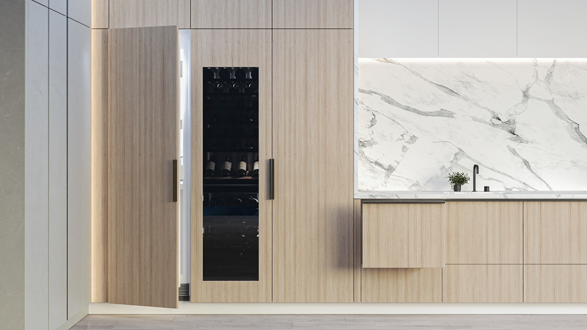 Wood Panelled Kitchen with Integrated Refrigeration, Wine Column and DishDrawer™ Dishwasher appliances