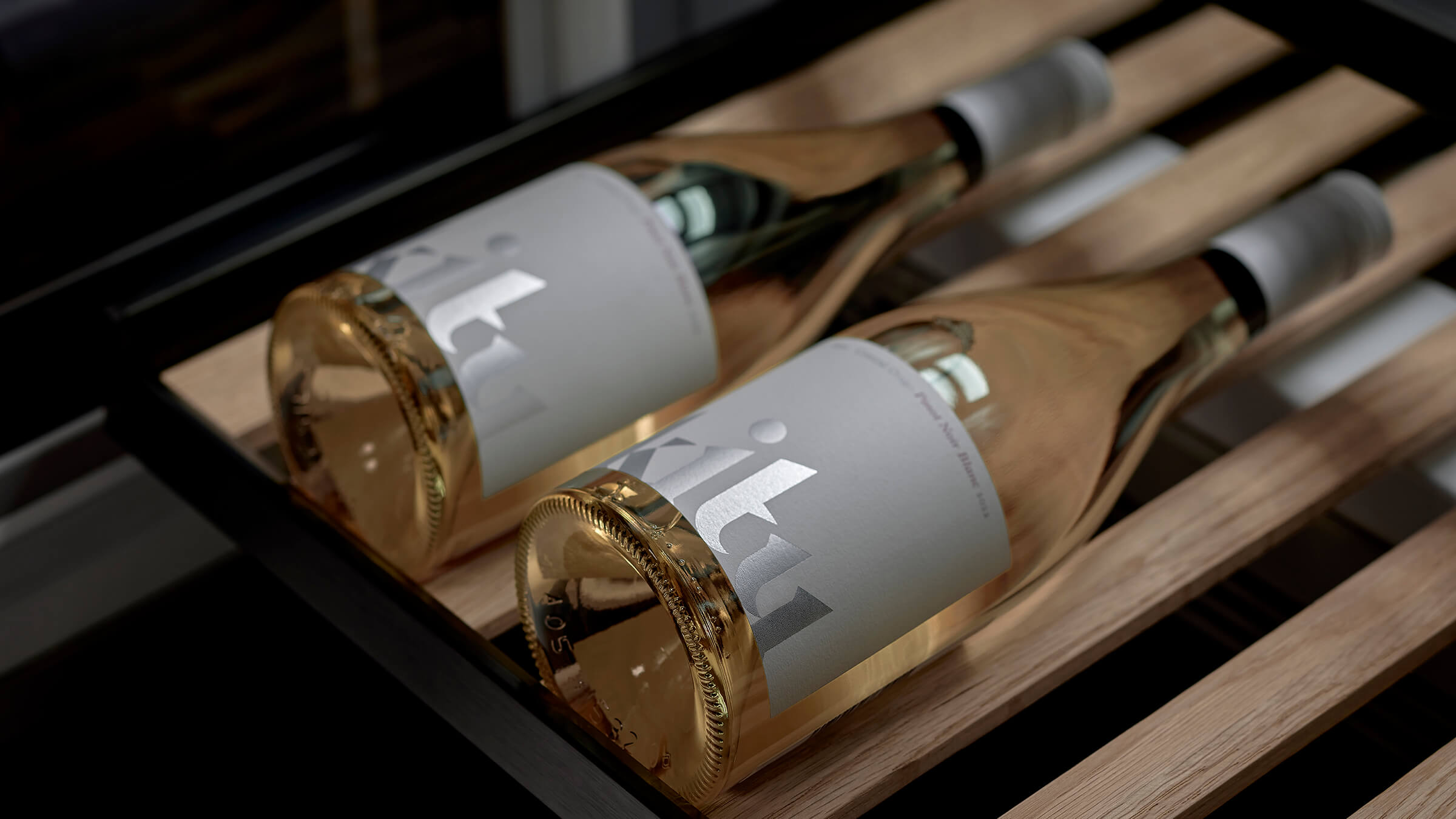 Full-extension wine shelves providing easy access to bottles