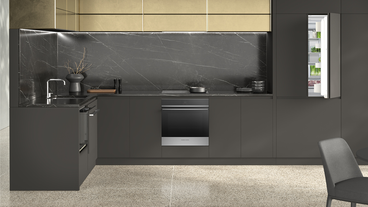 contemporary dark material kitchen render.