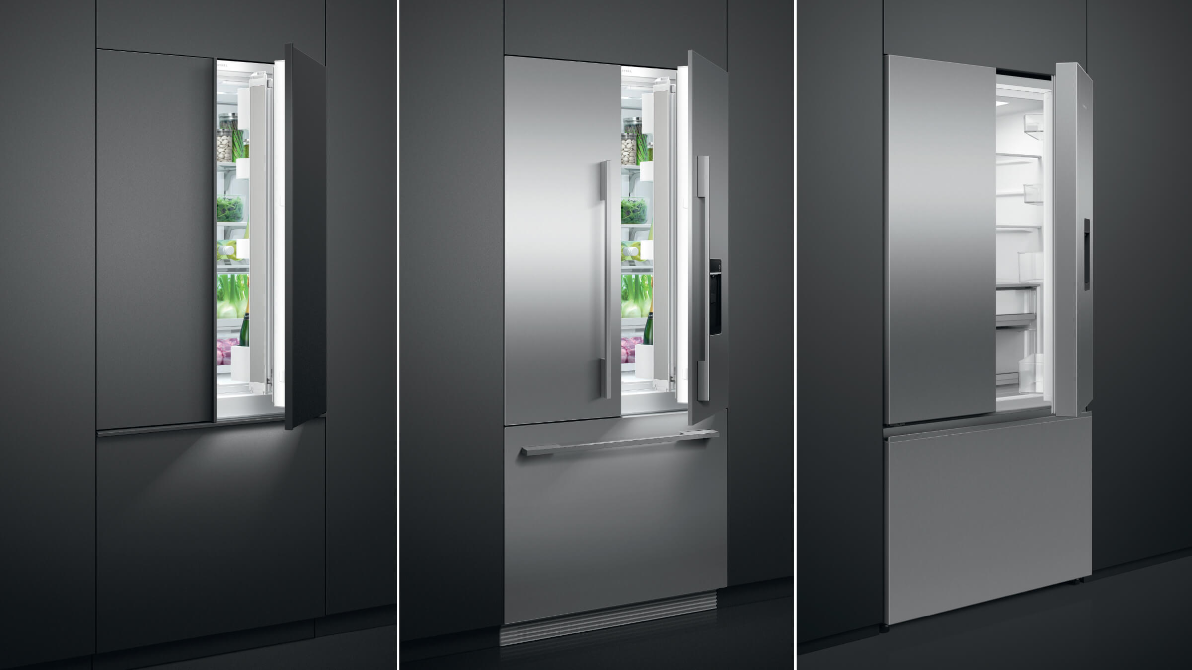 Comparison showing French and Quad Door refrigeration in integrated, built-in, and contemporary expressions