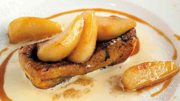 A Plate of Lost Bread with Sauteed Pears and Sauces of Vanilla and Caramel