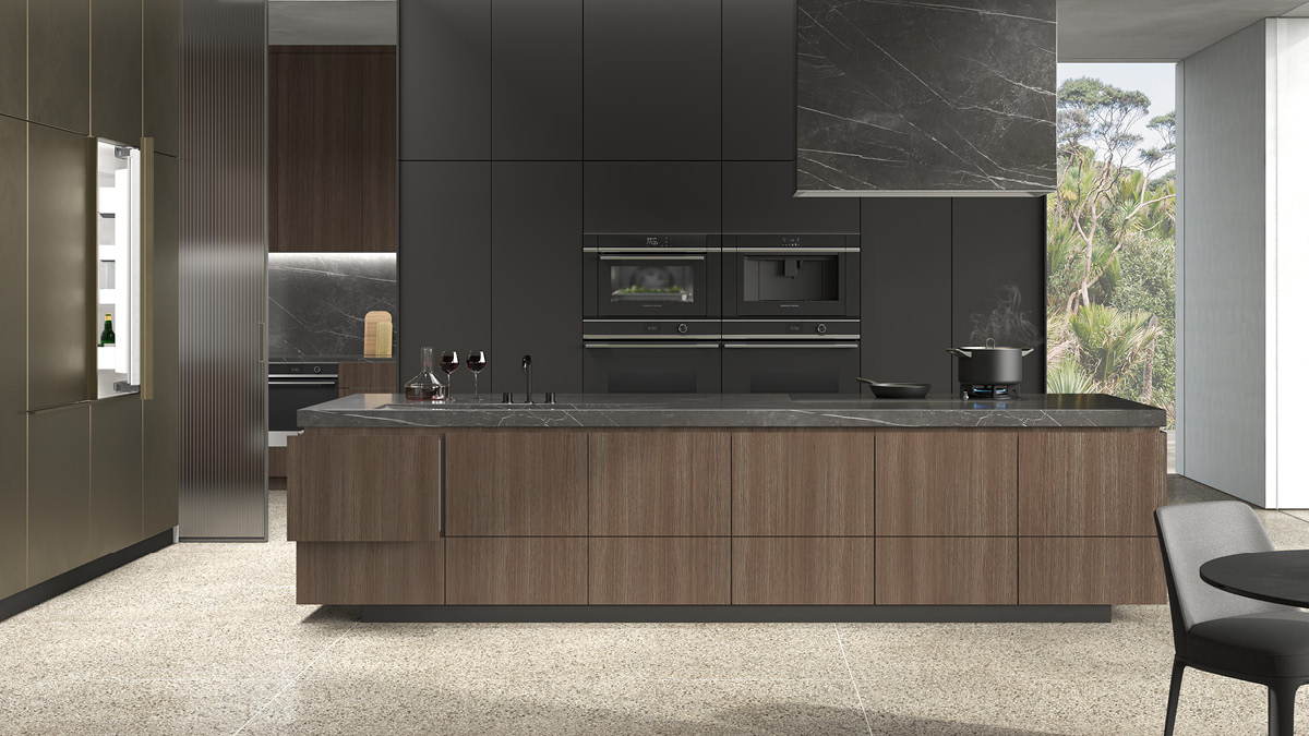 Dark Kitchen Render with a Suite of Fisher & Paykel Appliances.