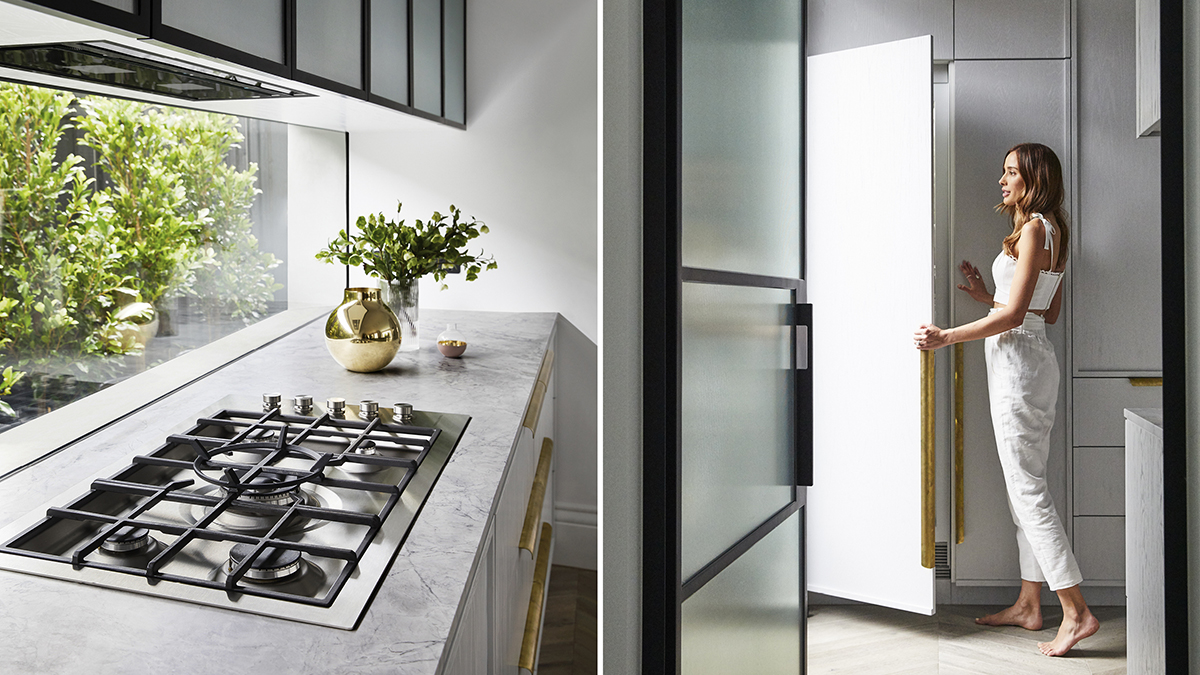 View of the gas cooktop in the kitchen and a picture of a woman opening an integrated refrigerator