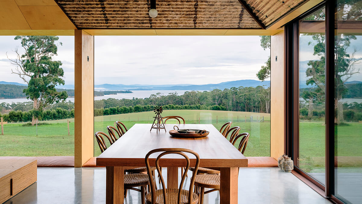 View of the outside landscape from a dining table.