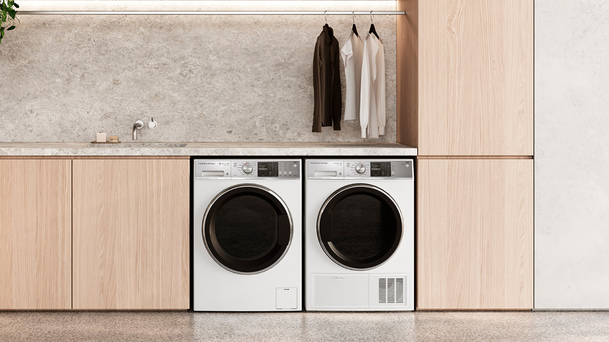 Light Laundry Render with a Suite of Fisher & Paykel Appliances.