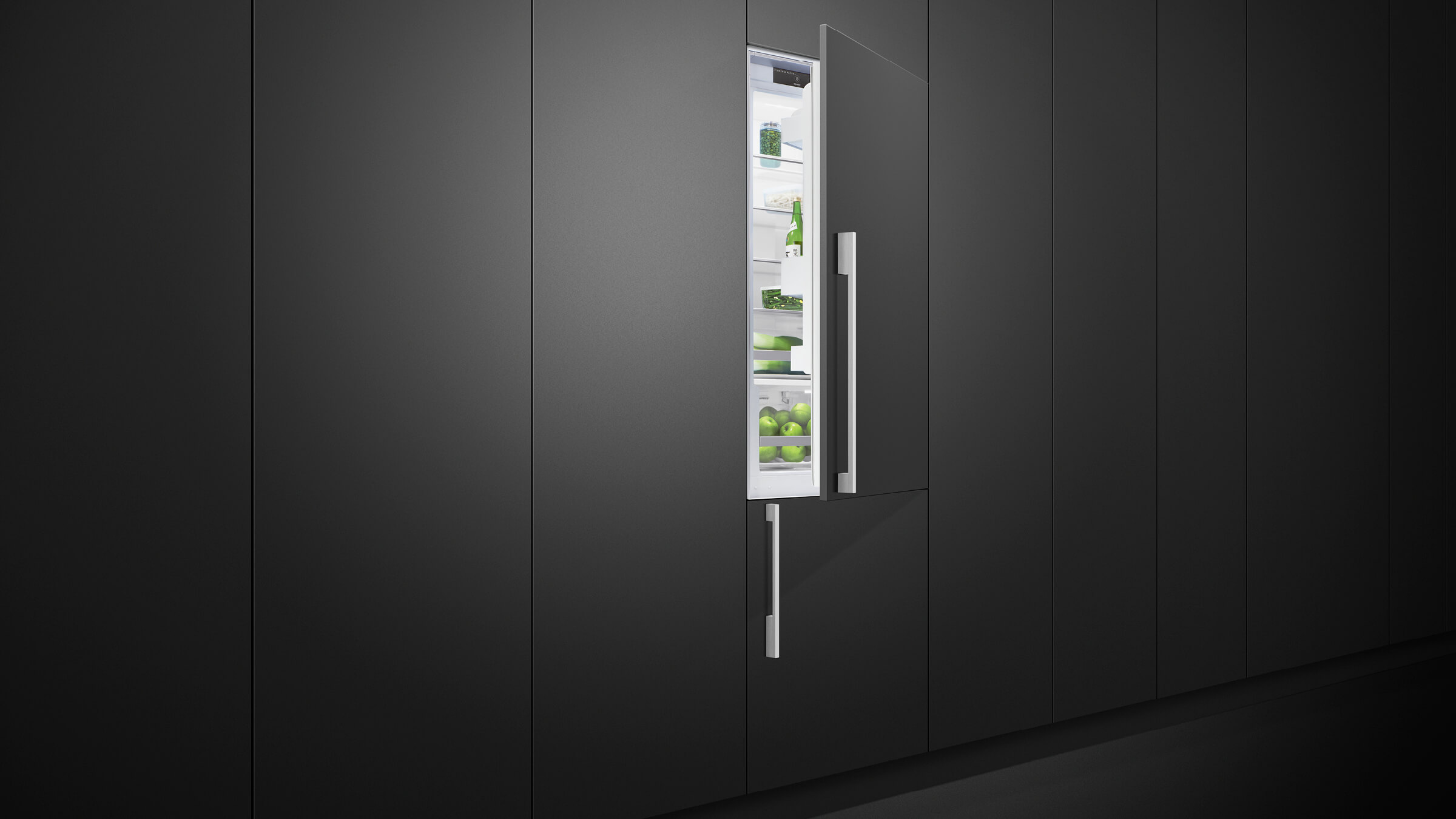 Detail of the flush cabinetry installation of an integrated French Door refrigerator