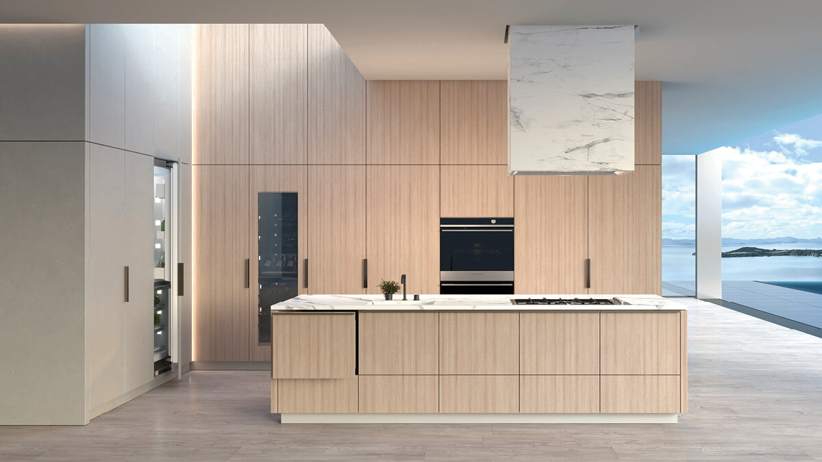 Light kitchen showing a range of Fisher and Paykel products