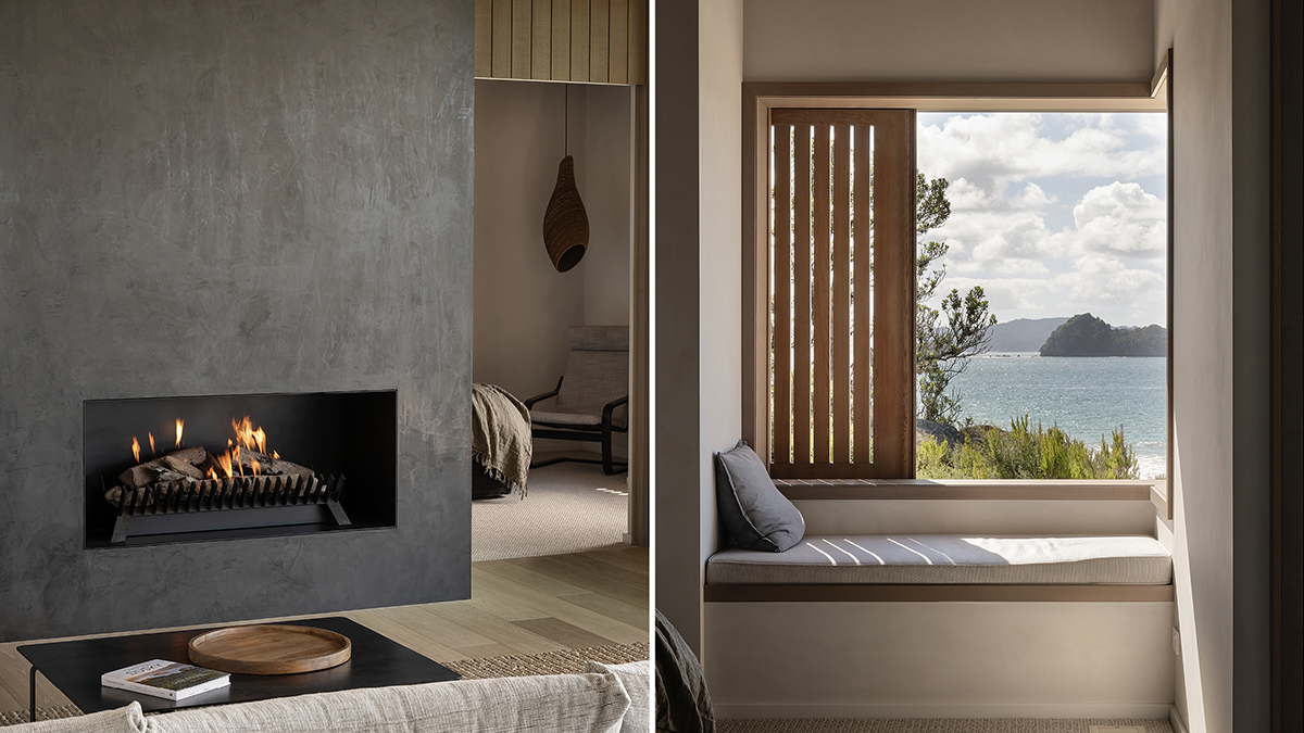 Living room fireplace feature and a view of a reading nook looking out towards the ocean.