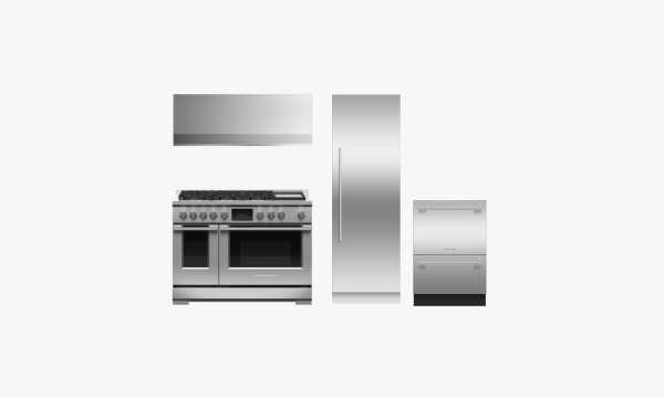 Freestanding range, built-in refrigerator, dishdrawer dishwasher and wall range hood