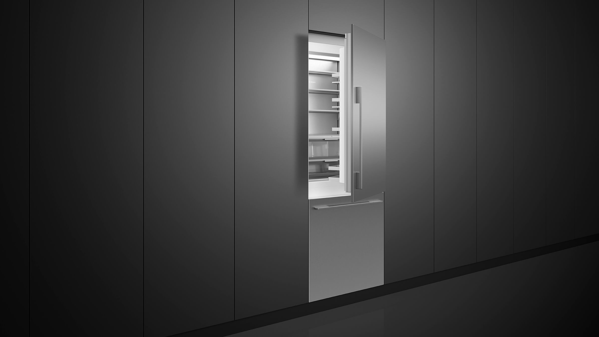 An integrated vertical refrigerator column blends seamlessly with kitchen cabinetry