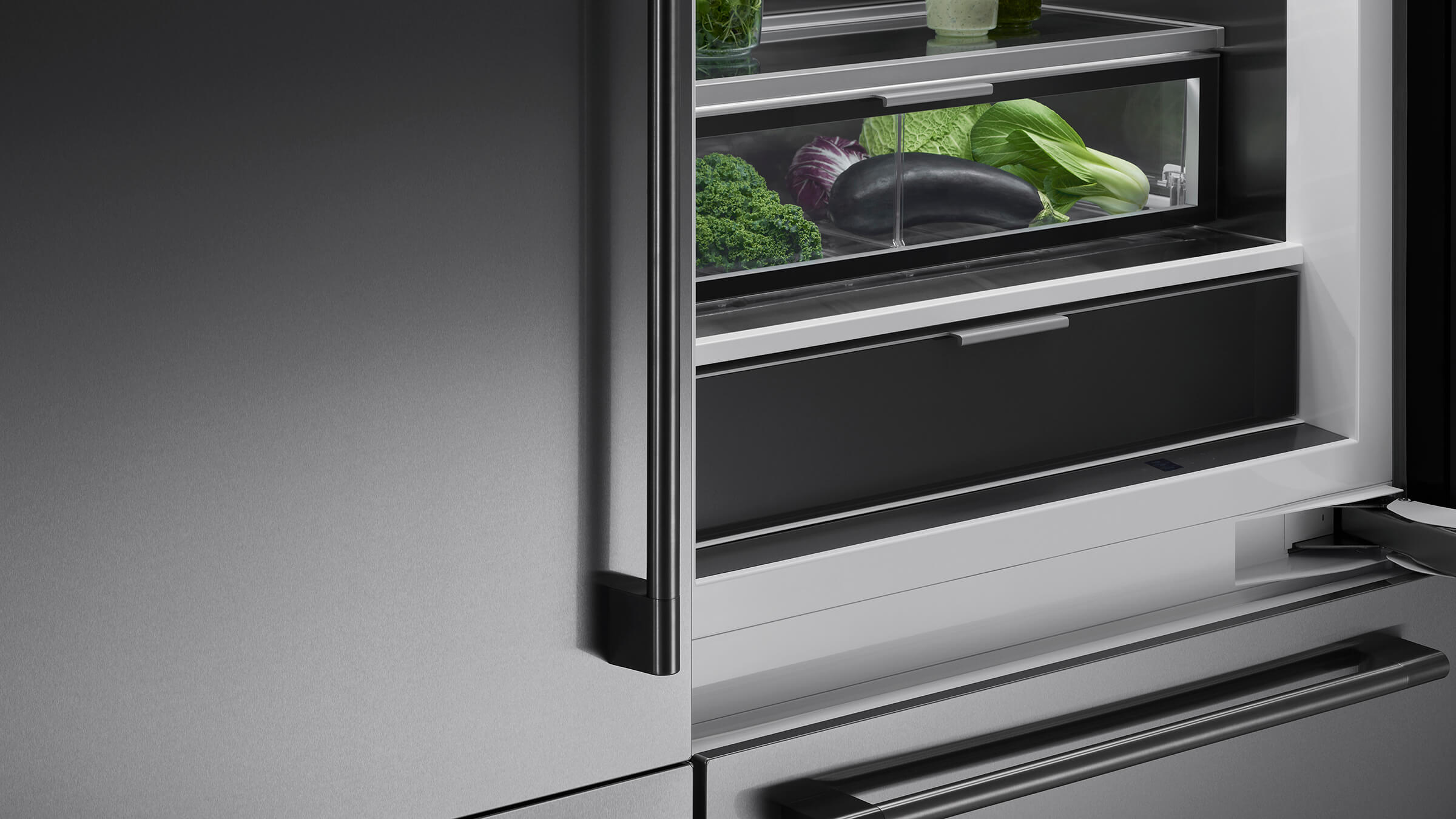 Internal view of a refrigerator showing full surface LED lighting and temperature sensors