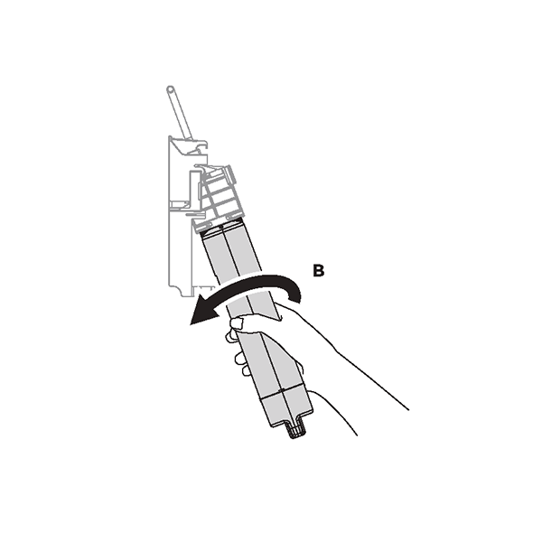 diagram showing how to rotate a water filter to detach it from the filter head