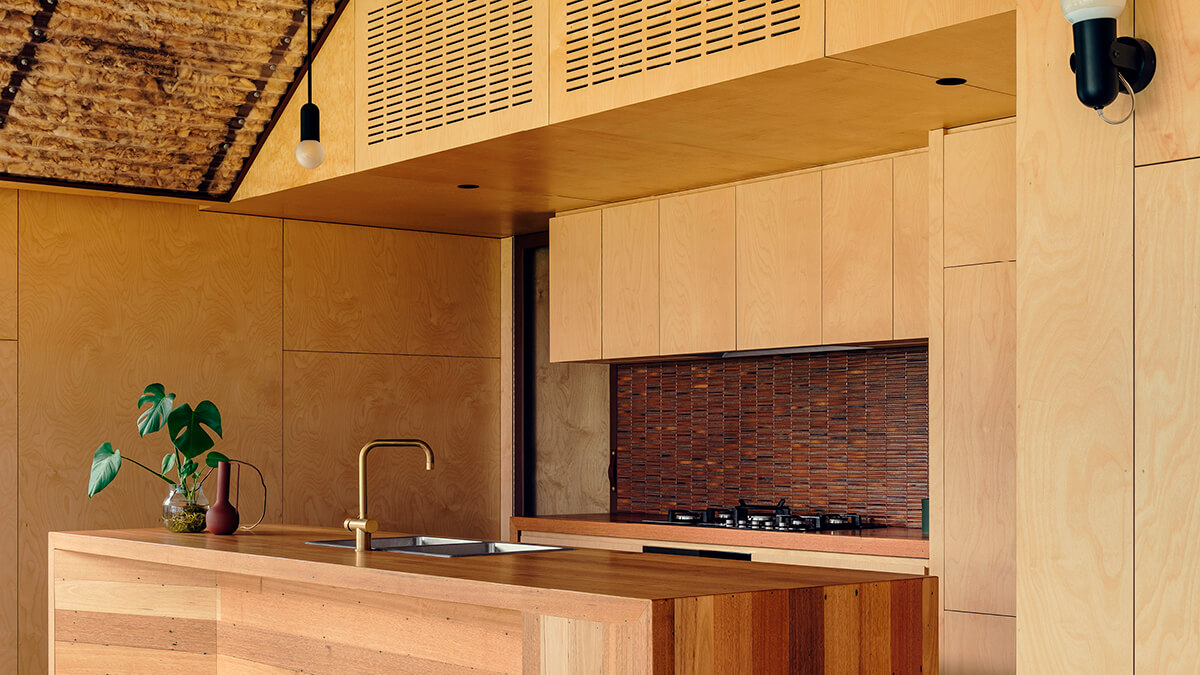 Interior photo of the kitchen island inside Coopworth House.