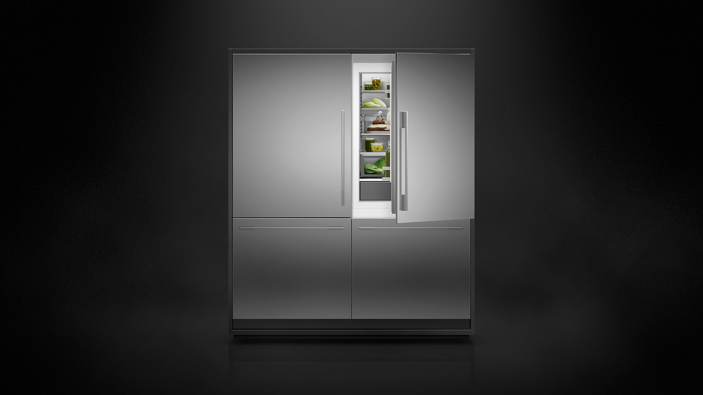 Open bottom freezer refrigerator with a stainless steel finish and robust door shelves